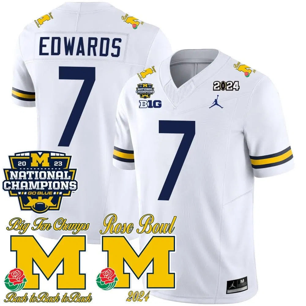 Personalized MW 2023 National Champions & Rose Bowl Patch Vapor Jersey - White / Donovan Edwards Stitched