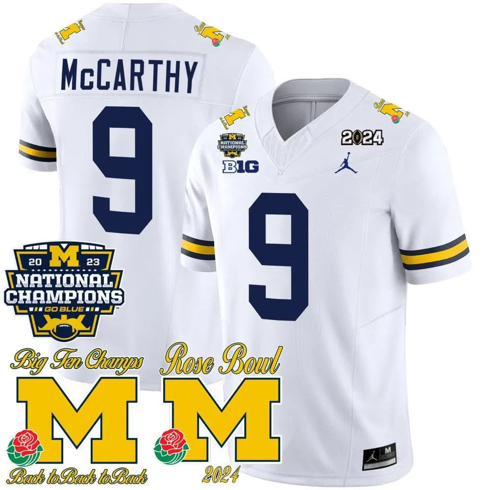 Personalized MW 2023 National Champions & Rose Bowl Patch Vapor Jersey - White / J J Mccarthy Stitched