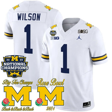Personalized MW 2023 National Champions & Rose Bowl Patch Vapor Jersey - White / Roman Wilson Stitched