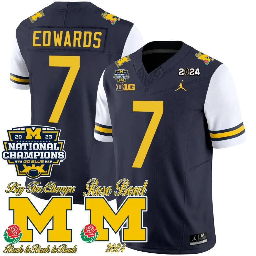 Personalized MW 2023 National Champions & Rose Bowl Patch Vapor Jersey - White Sleeves / Donovan Edwards Stitched