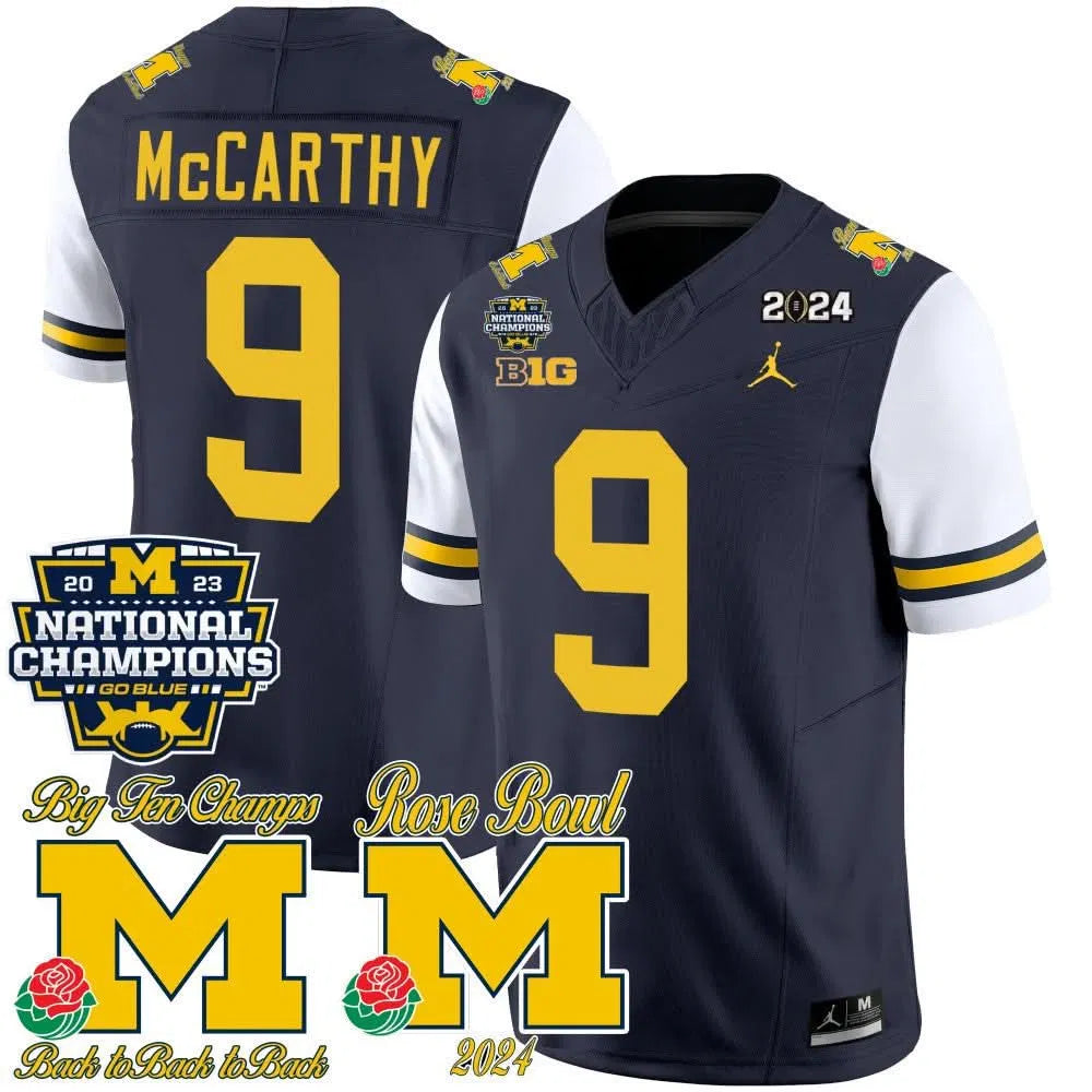 Personalized MW 2023 National Champions & Rose Bowl Patch Vapor Jersey - White Sleeves / J J Mccarthy Stitched