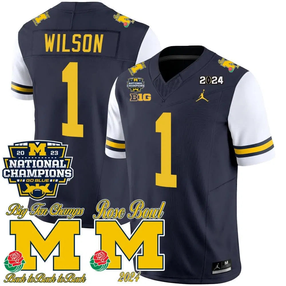 Personalized MW 2023 National Champions & Rose Bowl Patch Vapor Jersey - White Sleeves / Roman Wilson Stitched