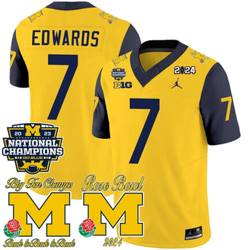 Personalized MW 2023 National Champions & Rose Bowl Patch Vapor Jersey - Navy Sleeves / Donovan Edwards Stitched