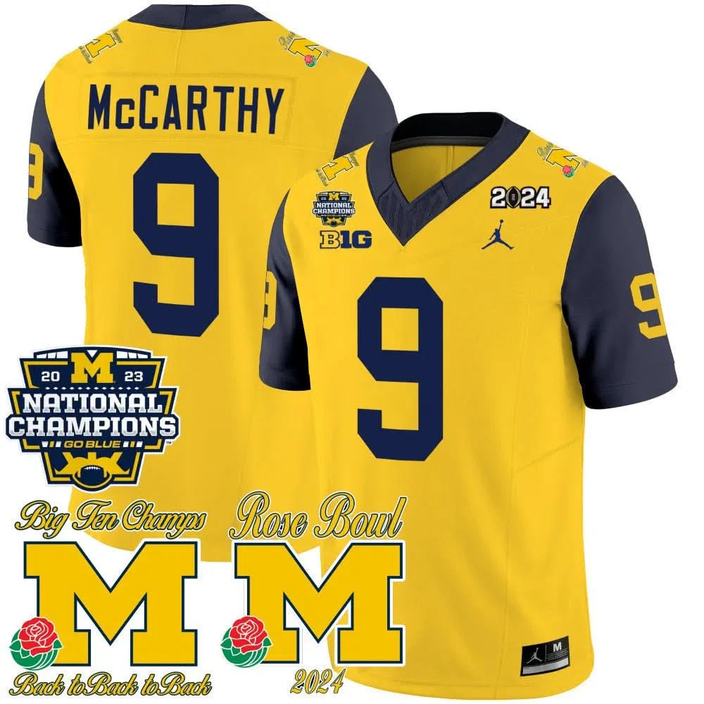 Personalized MW 2023 National Champions & Rose Bowl Patch Vapor Jersey - Navy Sleeves / J J Mccarthy Stitched
