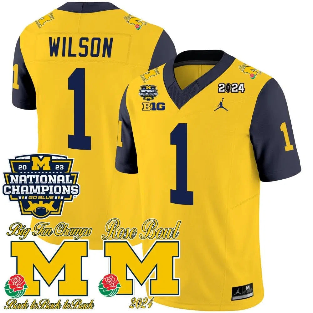 Personalized MW 2023 National Champions & Rose Bowl Patch Vapor Jersey - Navy Sleeves / Roman Wilson Stitched