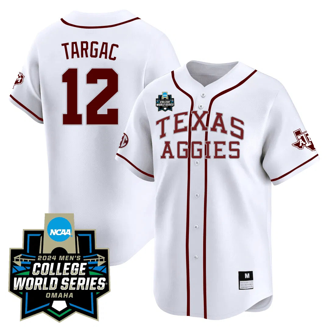 Personalized Texas A&M 23/24 Jersey - 2026 College World Series Patch - TARGAC - 12 / White Stitched