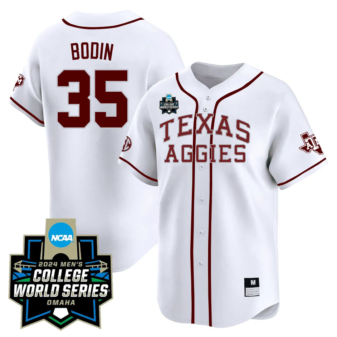 Personalized Texas A&M 23/24 Jersey - 2026 College World Series Patch - BOOIN - 35 / White Stitched