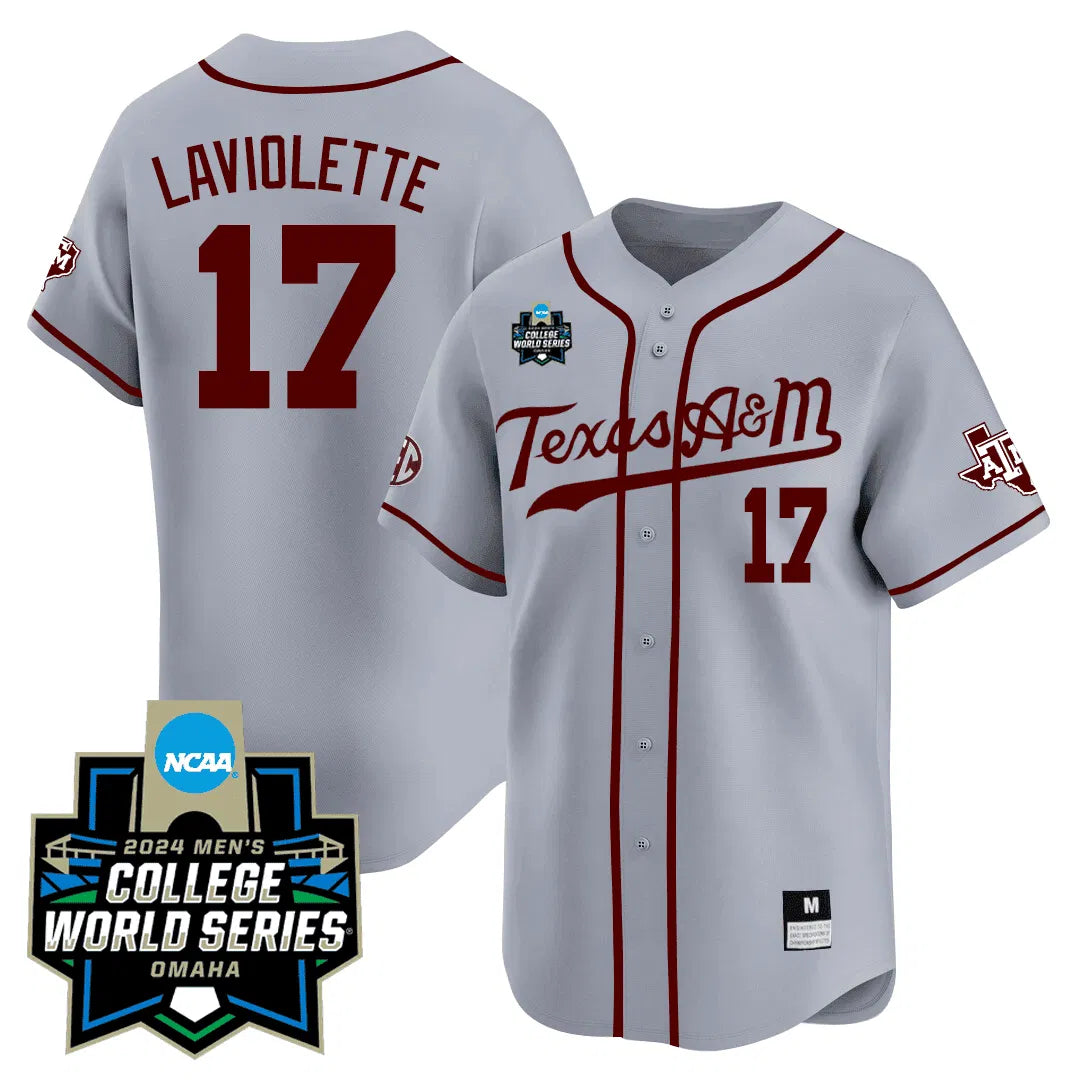 Personalized Texas A&M 23/24 Jersey - 2026 College World Series Patch - LAVIOLETTE - 17 / Grey Stitched