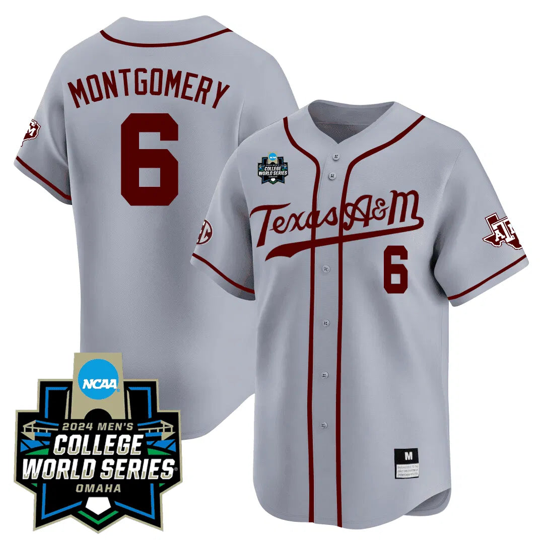 Personalized Texas A&M 23/24 Jersey - 2026 College World Series Patch - MONTGOMERY - 6 / Grey Stitched