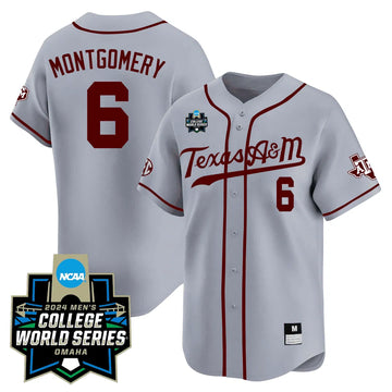 Personalized Texas A&M 23/24 Jersey - 2026 College World Series Patch - MONTGOMERY - 6 / Grey Stitched