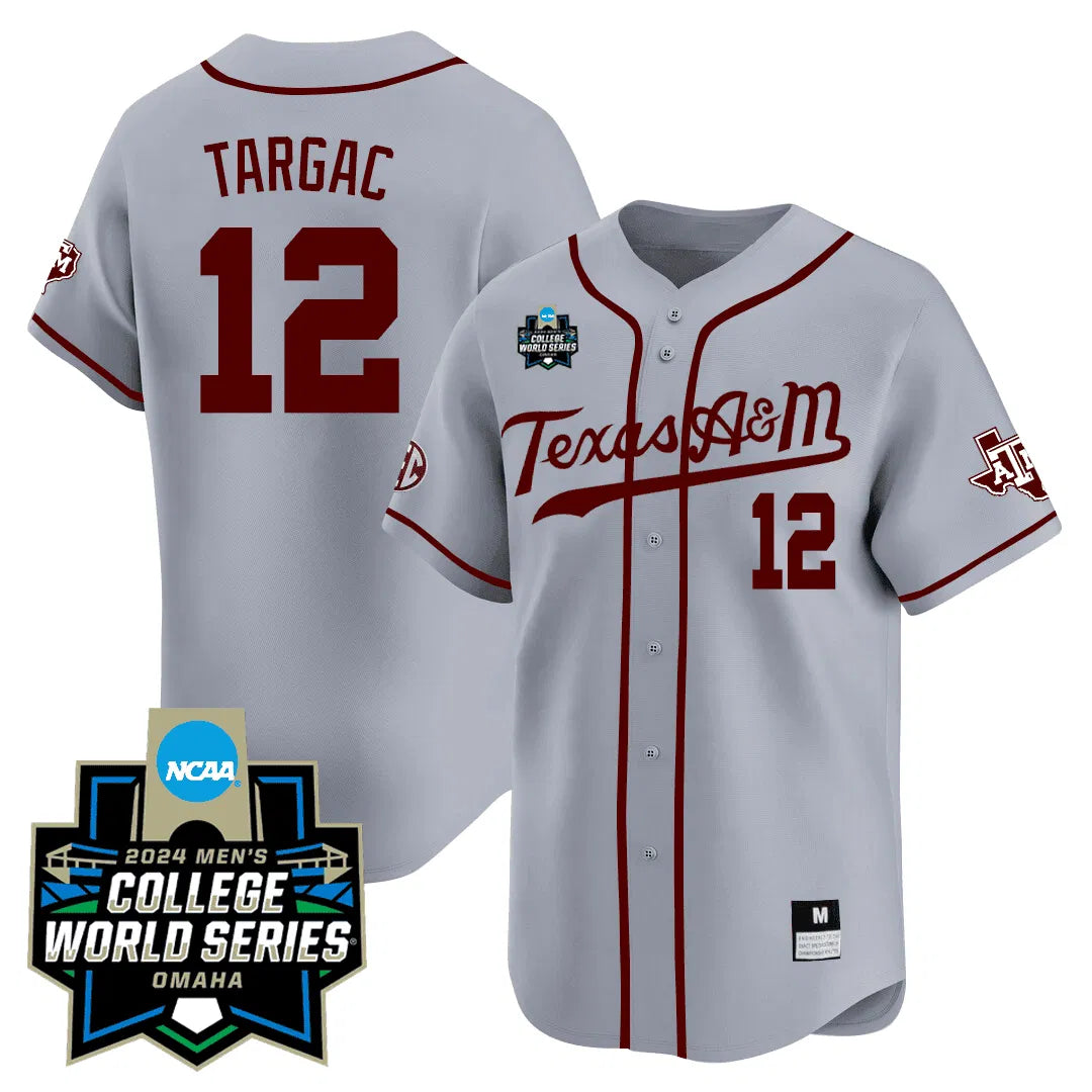 Personalized Texas A&M 23/24 Jersey - 2026 College World Series Patch - TARGAC - 12 / Grey Stitched