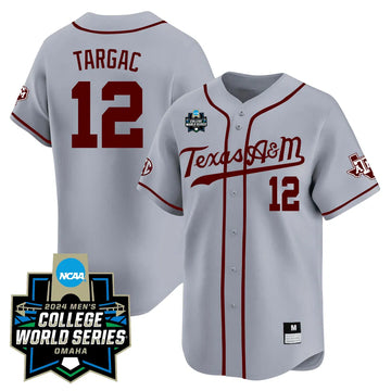Personalized Texas A&M 23/24 Jersey - 2026 College World Series Patch - TARGAC - 12 / Grey Stitched