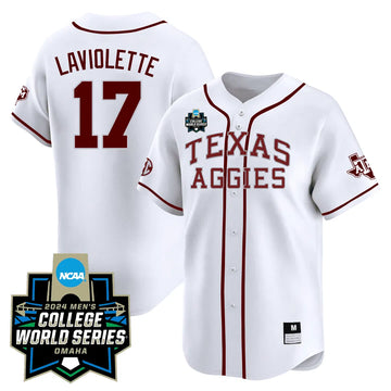 Personalized Texas A&M 23/24 Jersey - 2026 College World Series Patch - LAVIOLETTE - 17 / White Stitched