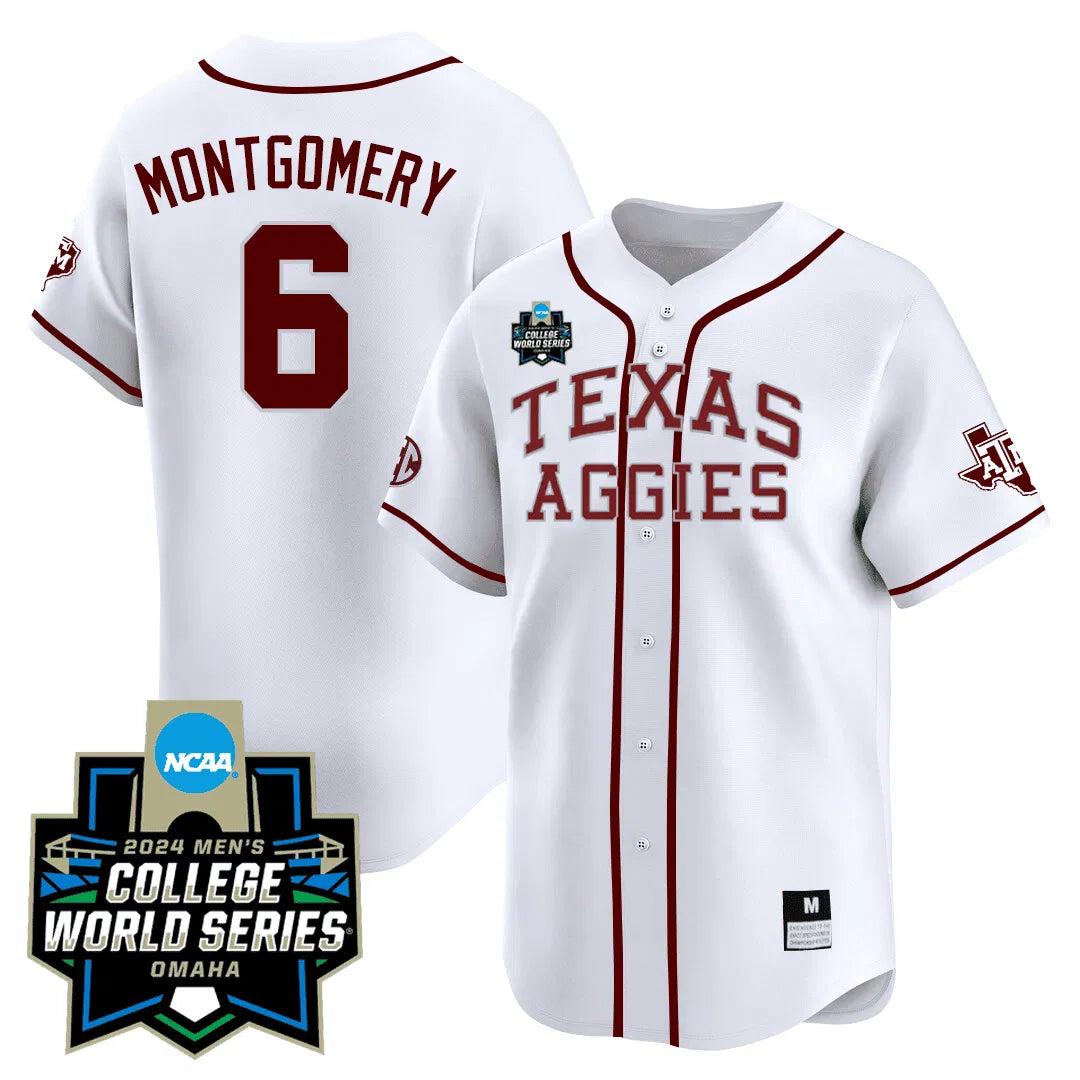 Personalized Texas A&M 23/24 Jersey - 2026 College World Series Patch - MONTGOMERY - 6 / White Stitched