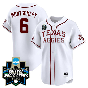 Personalized Texas A&M 23/24 Jersey - 2026 College World Series Patch - MONTGOMERY - 6 / White Stitched