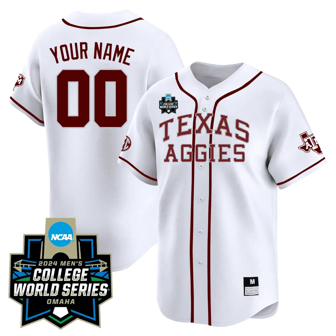 Personalized Custom Texas A&M 23/24 Jersey - 2026 College World Series Patch - White Stitched