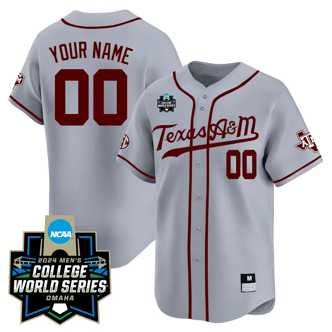 Personalized Custom Texas A&M 23/24 Jersey - 2026 College World Series Patch - Grey Stitched